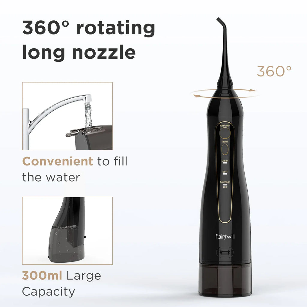 Fairywill Cordless Water Dental Flosser - 300ML Portable Oral Irrigator with 3 Modes, Rechargeable Waterproof Teeth Cleaner for Home and Travel