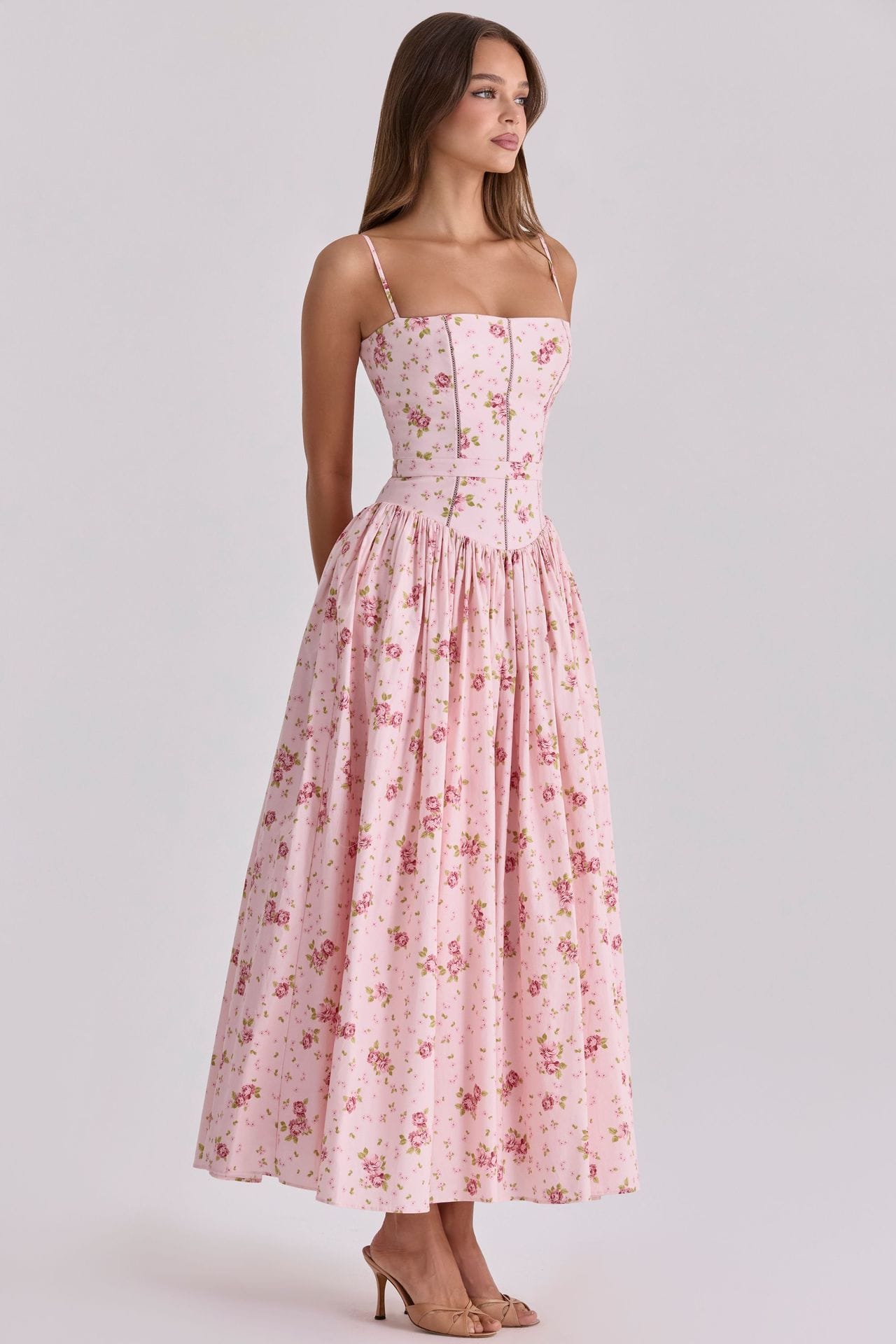 French Vintage Floral Spaghetti Strap Midi Dress – Fairy Elegance Corset Dress