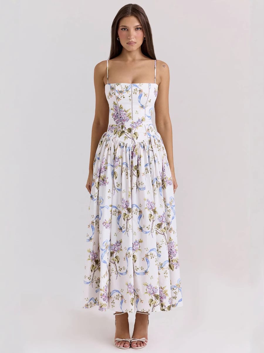 French Vintage Floral Spaghetti Strap Midi Dress – Fairy Elegance Corset Dress