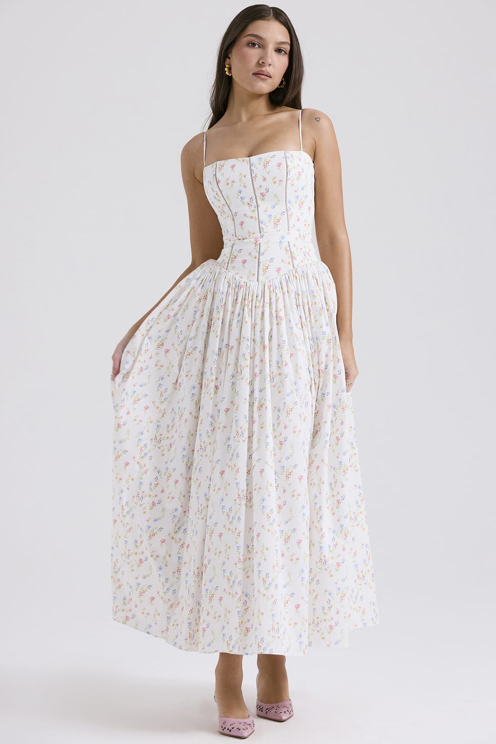 French Vintage Floral Spaghetti Strap Midi Dress – Fairy Elegance Corset Dress