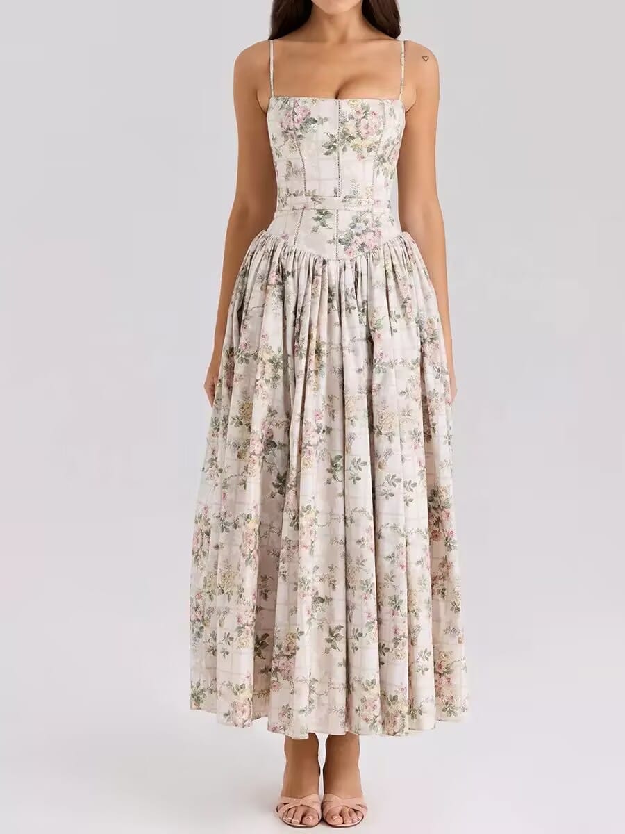 French Vintage Floral Spaghetti Strap Midi Dress – Fairy Elegance Corset Dress