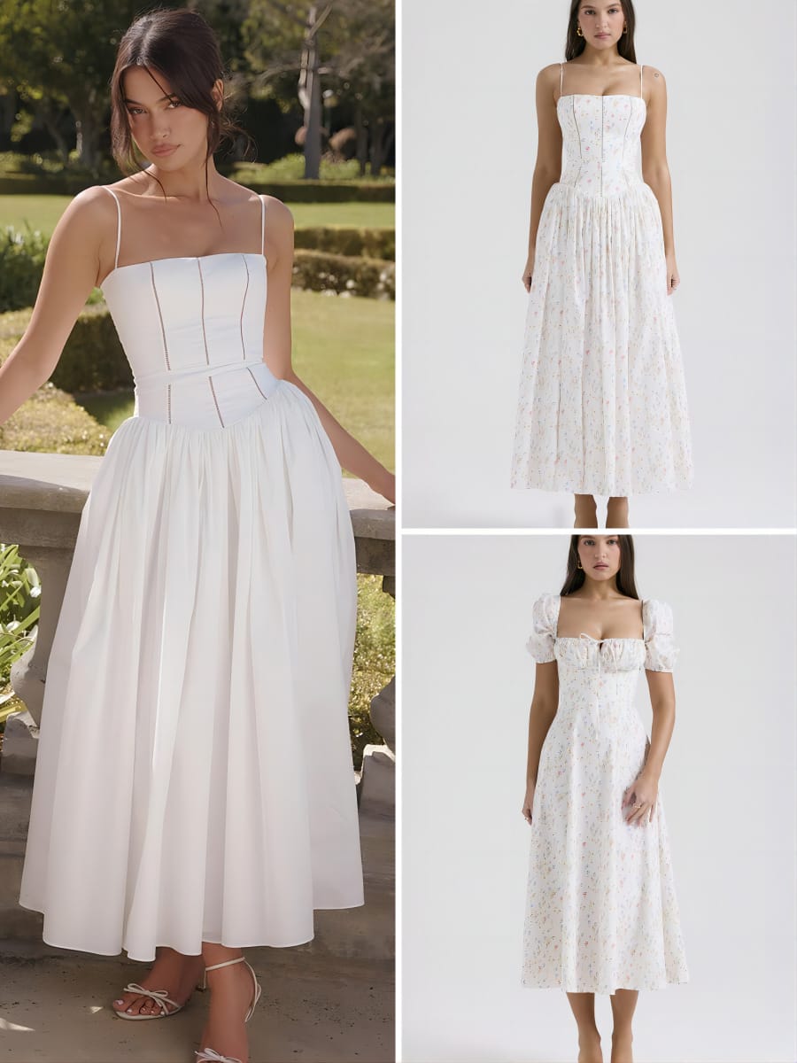 French Vintage Floral Spaghetti Strap Midi Dress – Fairy Elegance Corset Dress