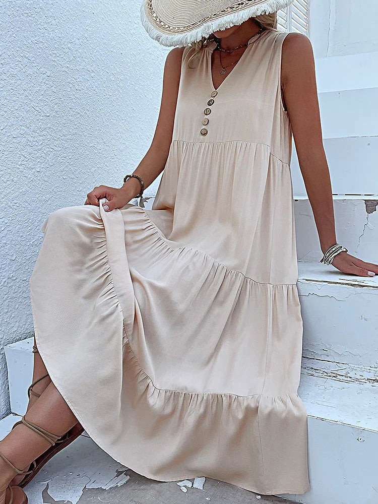Sleeveless V Neck Midi Dress