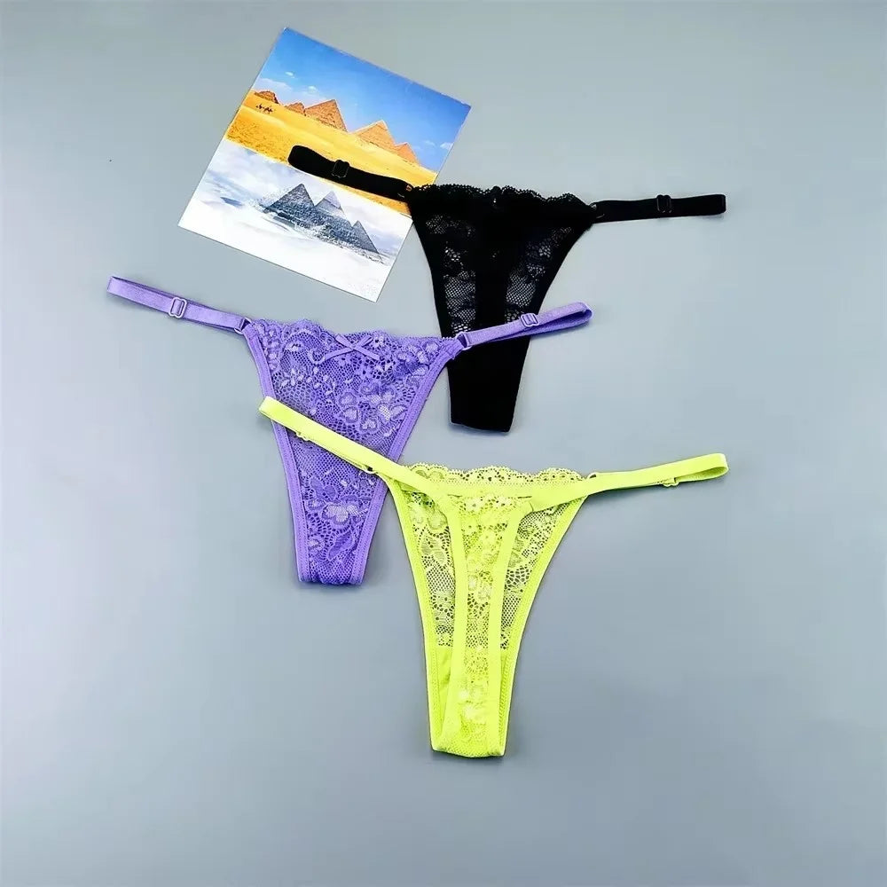 3PCS Sexy Lace Thong Set for Women – Sheer Low Waist G-String Panties (Plus Size)