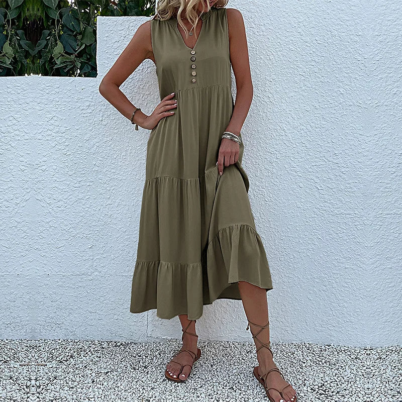 Sleeveless V Neck Midi Dress