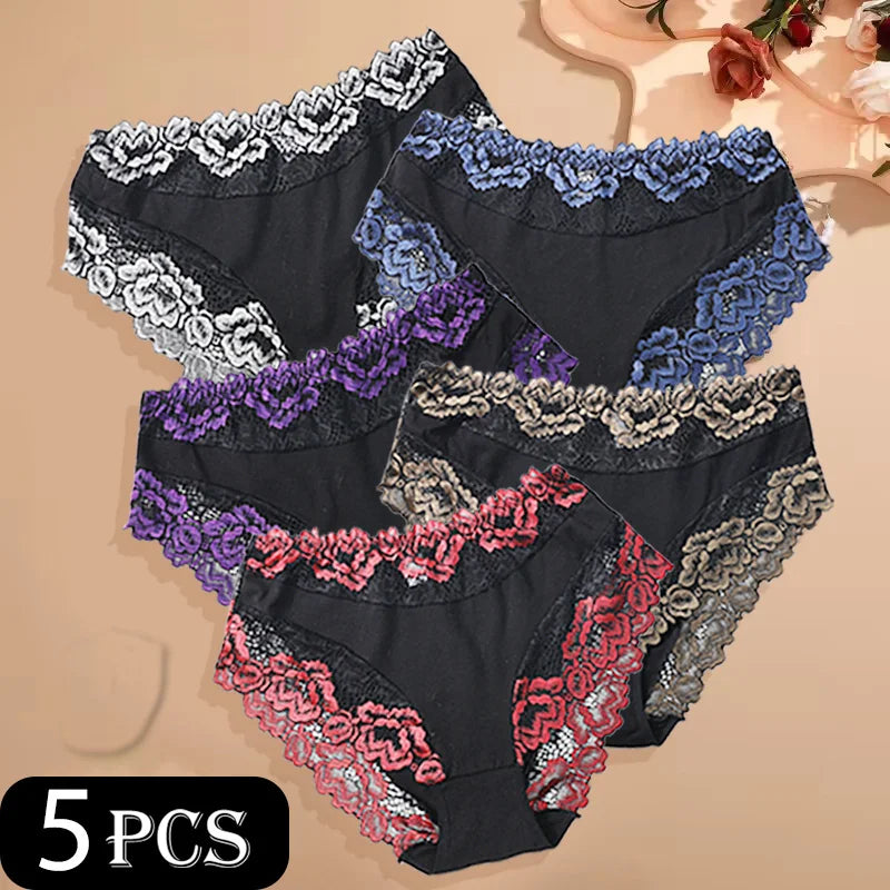 5-Pack Women’s Lace Panties – Soft Cotton Blend, Romantic Print & Comfortable Fit