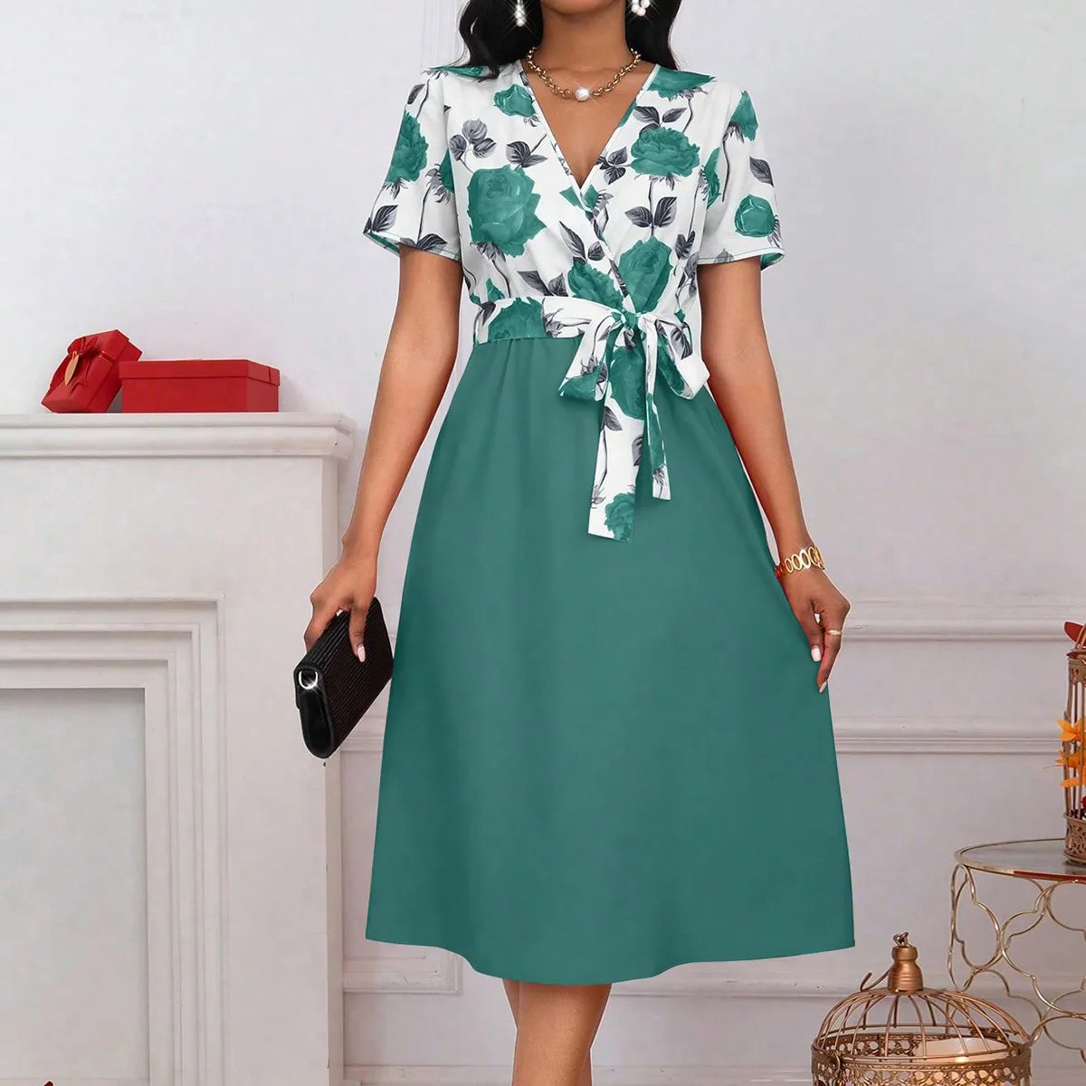 Elegant Rose Floral V-Neck Midi Dress