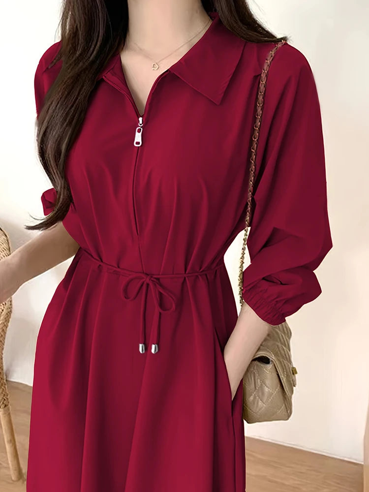 Chic Zip-Front Burgundy Midi Dress with Drawstring Waist