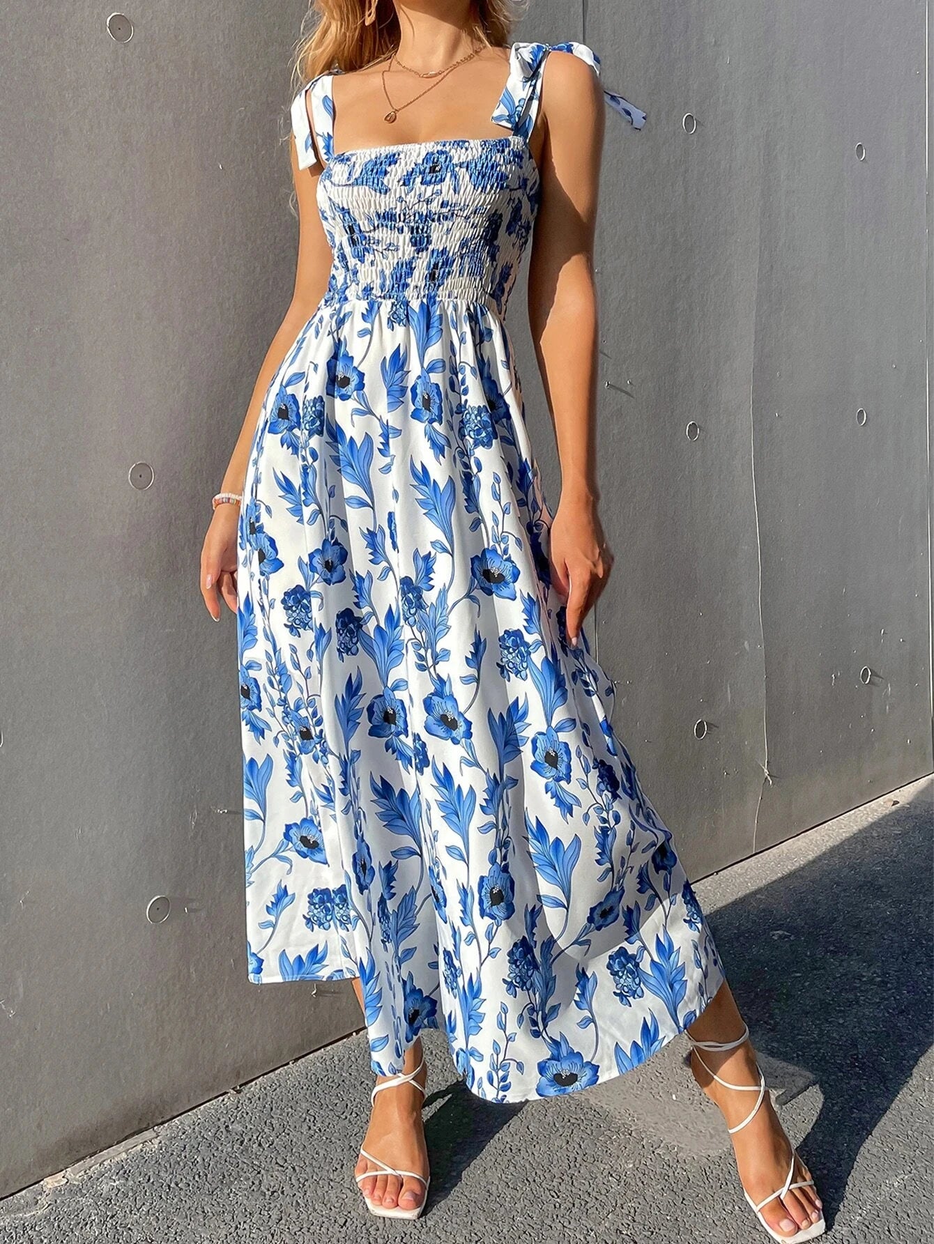 Mediterranean Bloom Smocked Maxi Dress