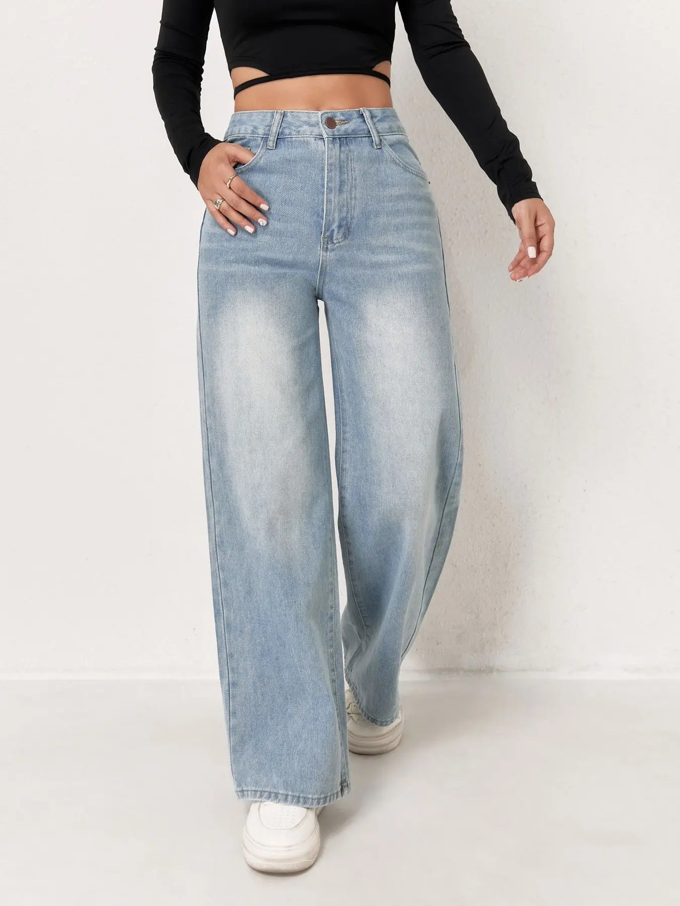 SkyWide Jeans – Women Y2K Light Blue Wide Leg Denim Pants | Casual Loose Fit Stretch Jeans