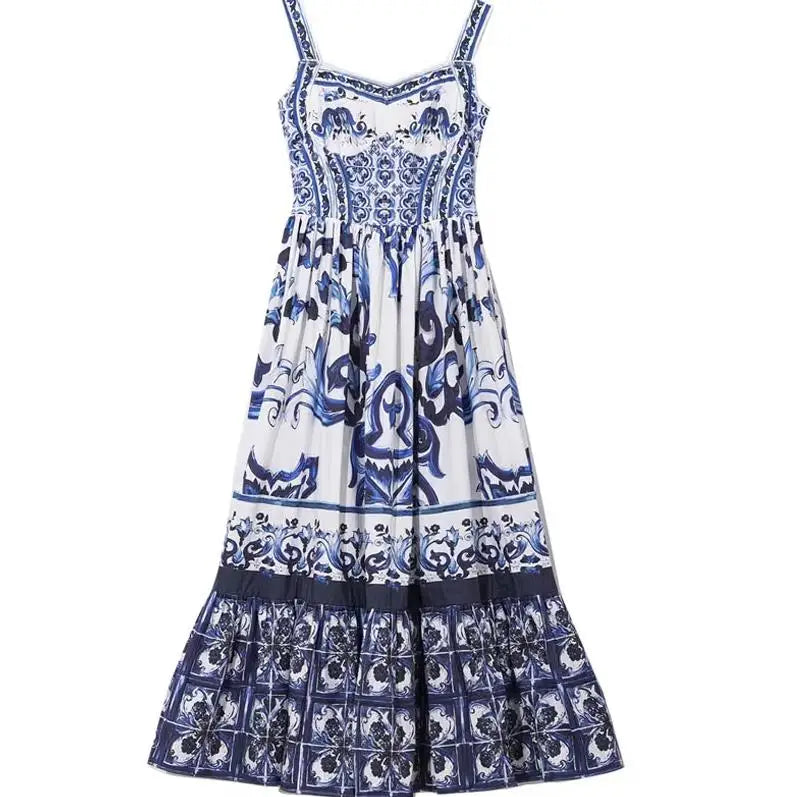 Blue and White Porcelain Print Strappy Summer Dress