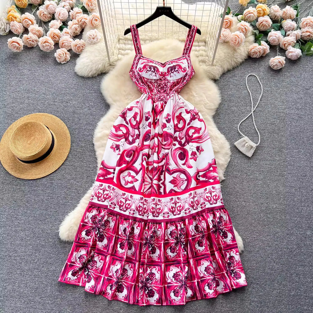 Blue and White Porcelain Print Strappy Summer Dress