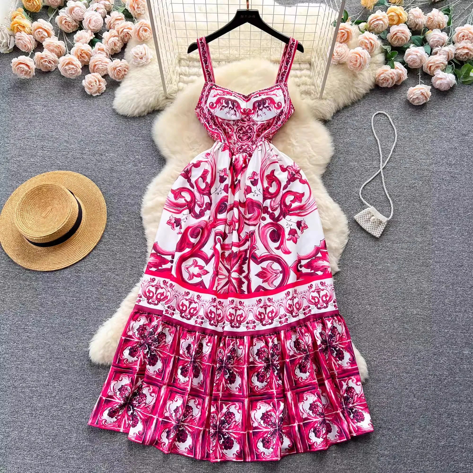 Blue and White Porcelain Print Strappy Summer Dress