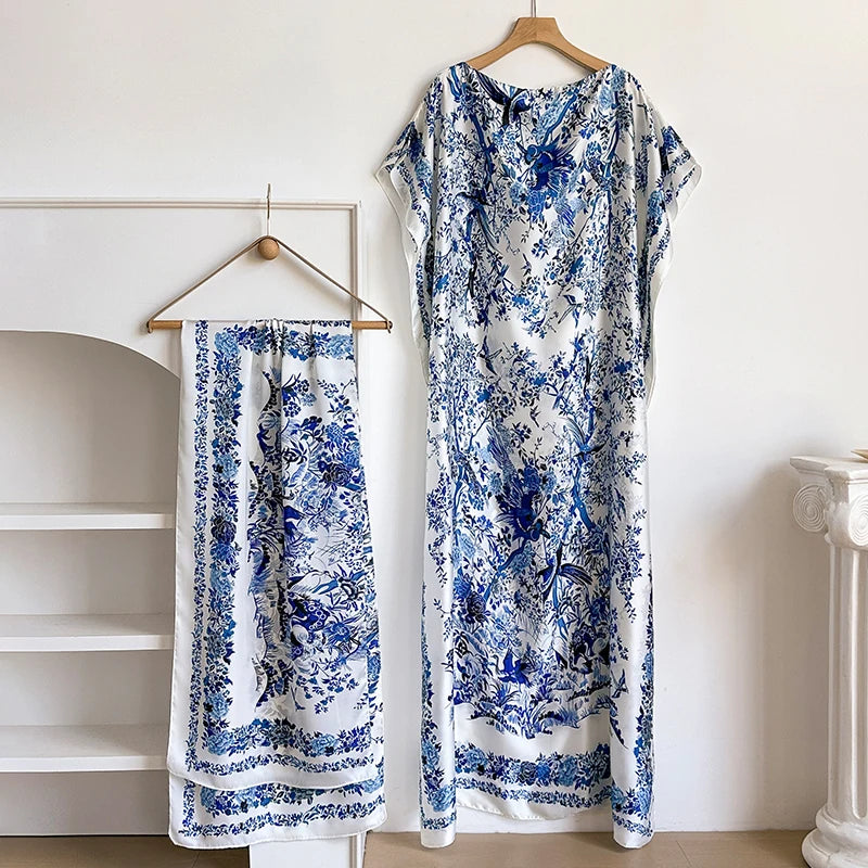 Luxury Floral Kaftan Abaya with Scarf – Elegant Loose Maxi Dress for Women | Dubai Style Summer Robe