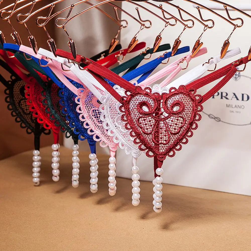 Sexy Heart Embroidery Pearl Thong for Women – Low Rise Lace Lingerie