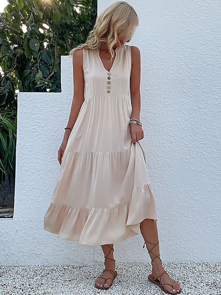 Sleeveless V Neck Midi Dress