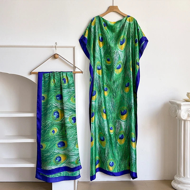 Luxury Floral Kaftan Abaya with Scarf – Elegant Loose Maxi Dress for Women | Dubai Style Summer Robe
