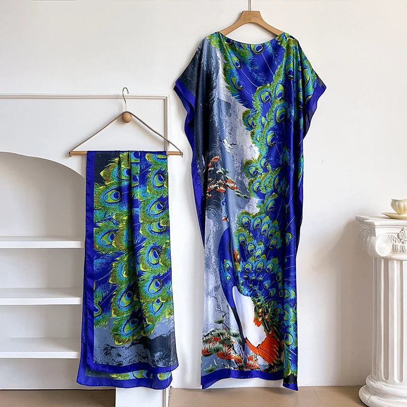 Luxury Floral Kaftan Abaya with Scarf – Elegant Loose Maxi Dress for Women | Dubai Style Summer Robe