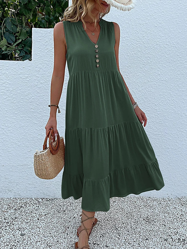 Sleeveless V Neck Midi Dress