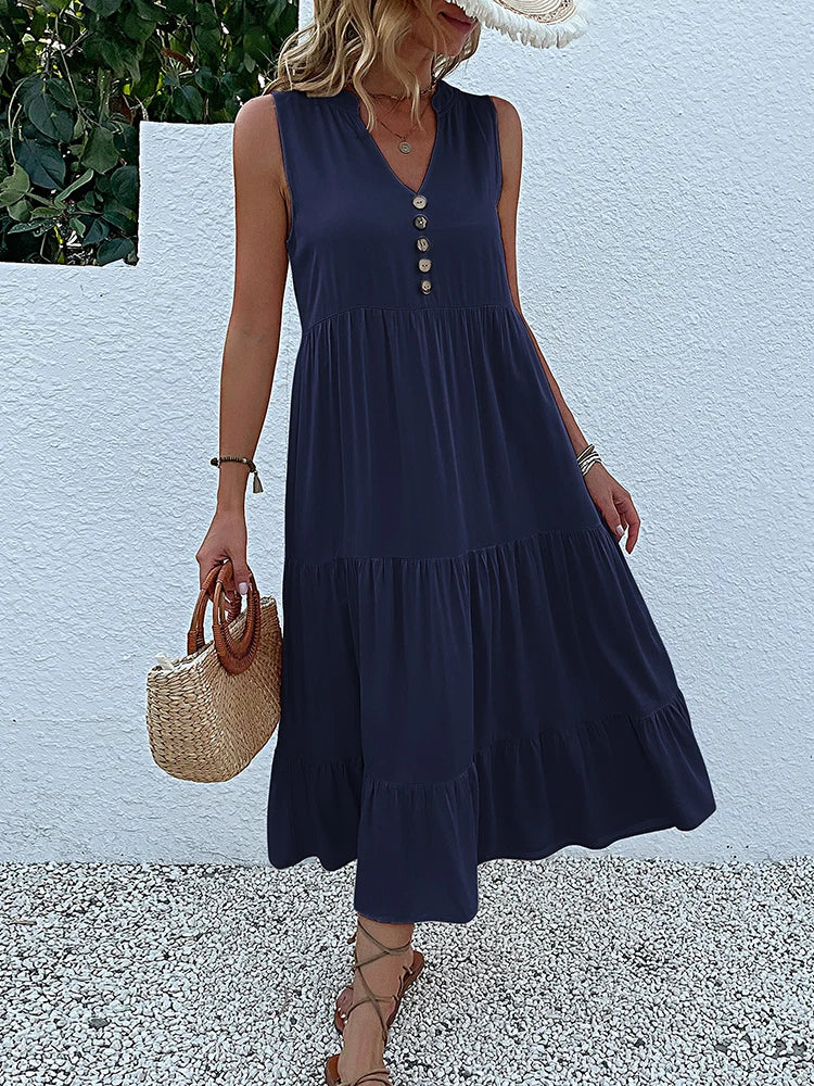 Sleeveless V Neck Midi Dress