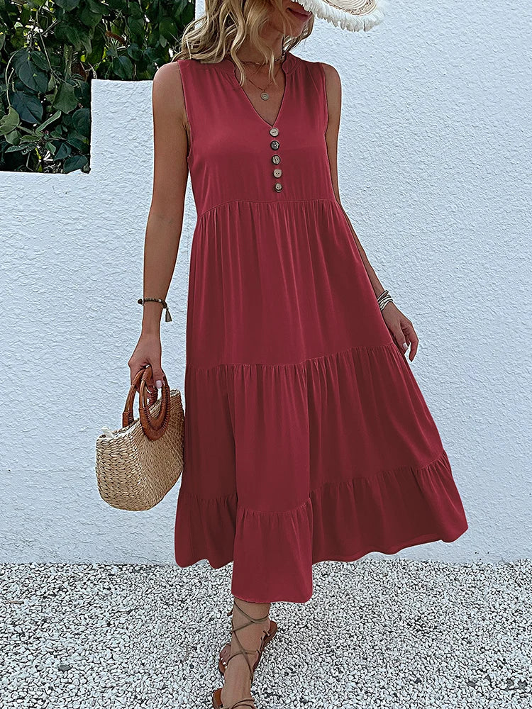 Sleeveless V Neck Midi Dress