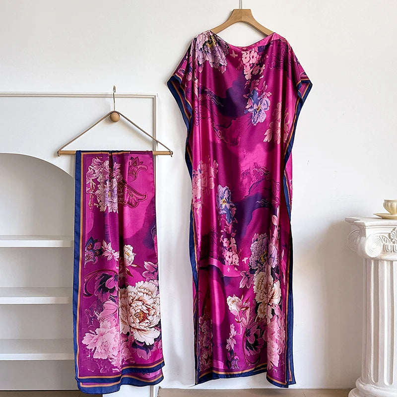 Luxury Floral Kaftan Abaya with Scarf – Elegant Loose Maxi Dress for Women | Dubai Style Summer Robe