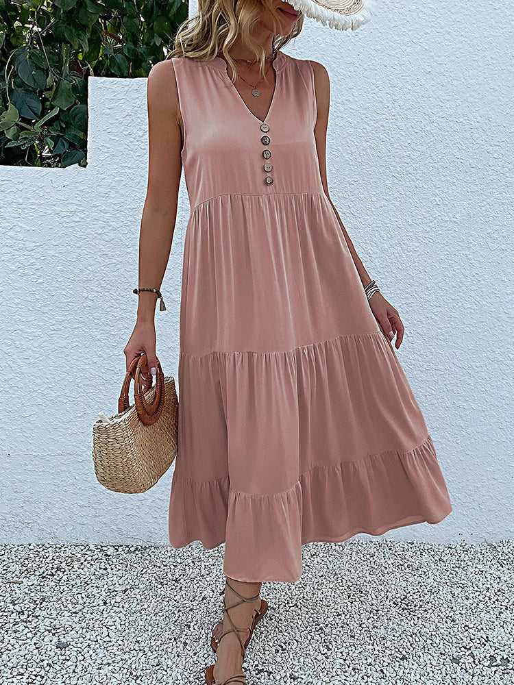 Sleeveless V Neck Midi Dress