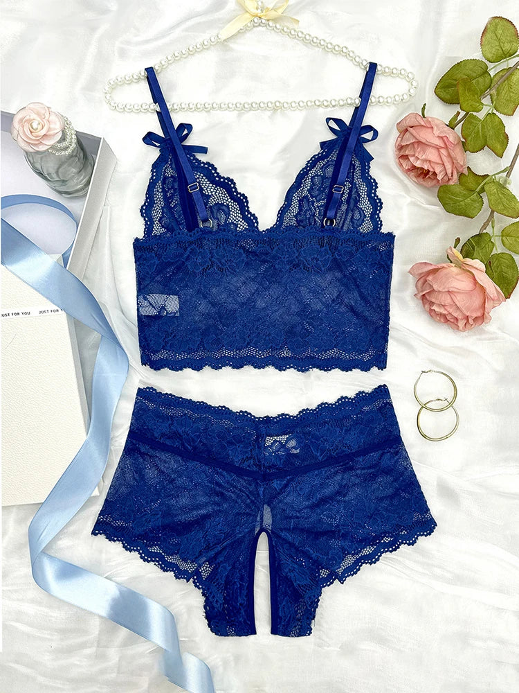 Dark Blue Sheer Lace Lingerie Set for Women – Elegant Bra and Panty Set