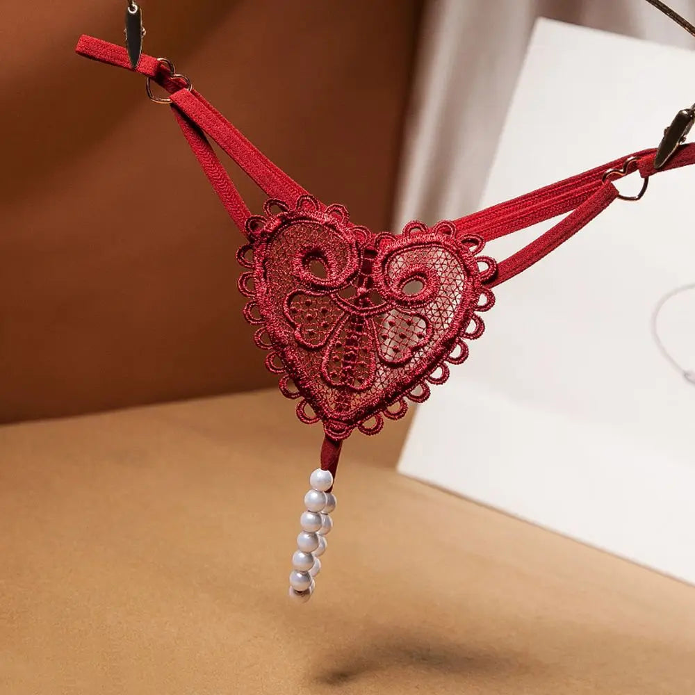 Sexy Heart Embroidery Pearl Thong for Women – Low Rise Lace Lingerie