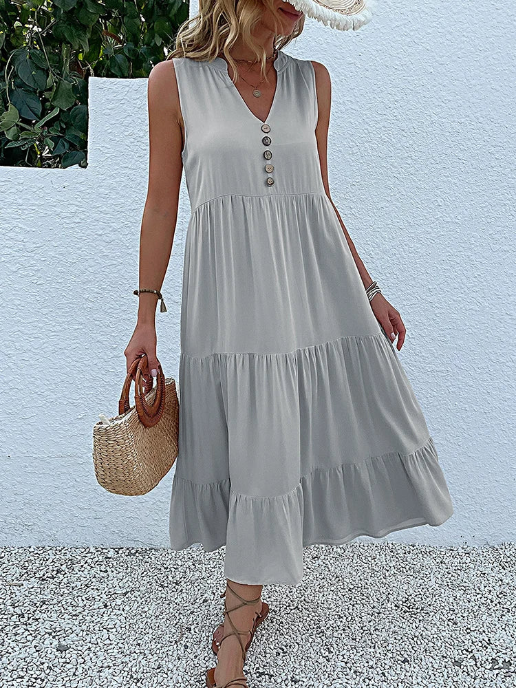 Sleeveless V Neck Midi Dress