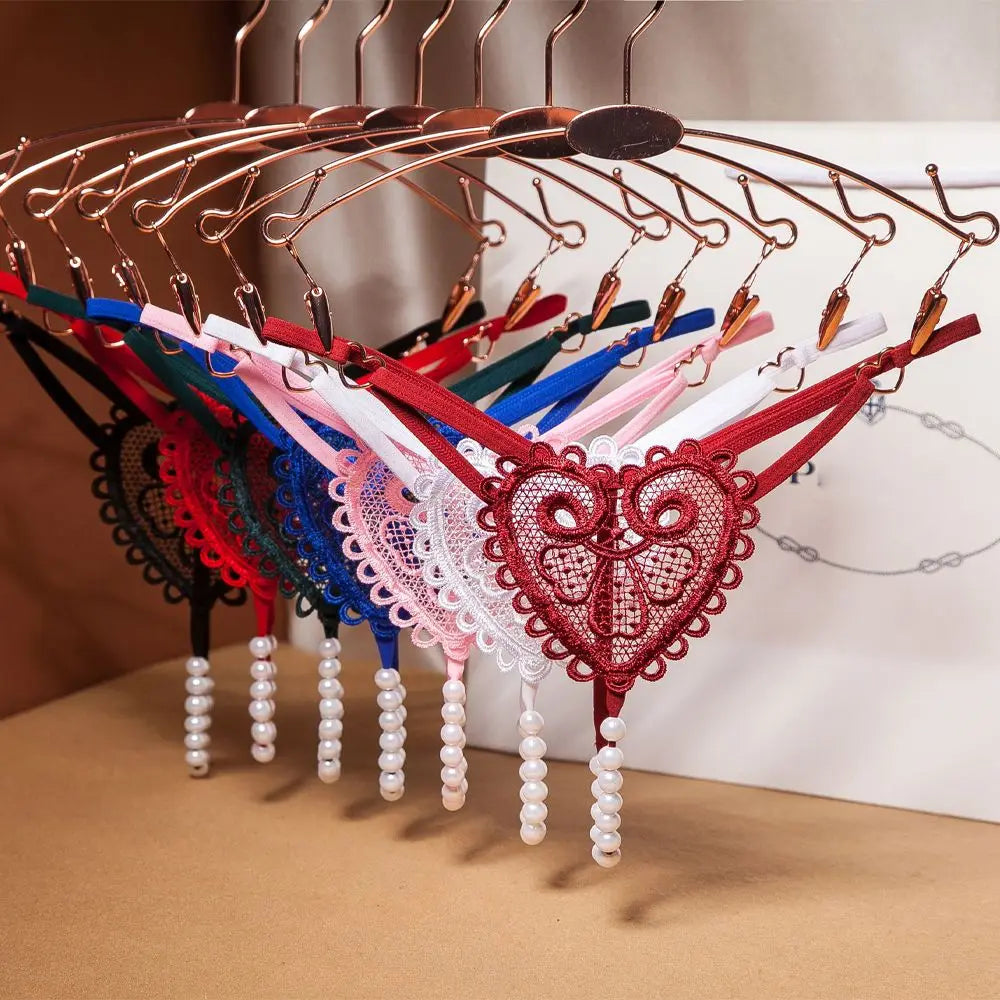 Sexy Heart Embroidery Pearl Thong for Women – Low Rise Lace Lingerie