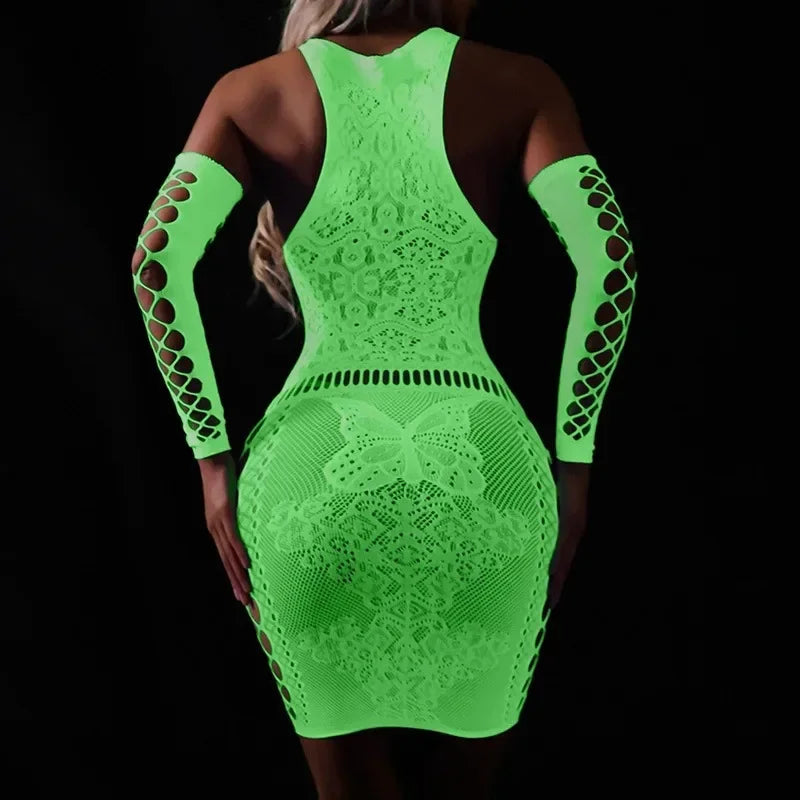Sheer Mesh Two Piece Bodystocking Set for Women – Club & Party Wear Luminous Outfit