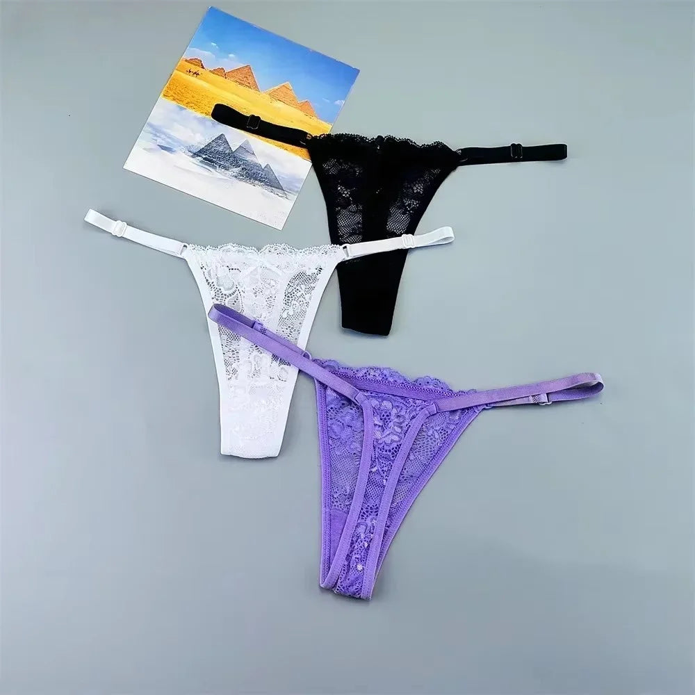 3PCS Sexy Lace Thong Set for Women – Sheer Low Waist G-String Panties (Plus Size)