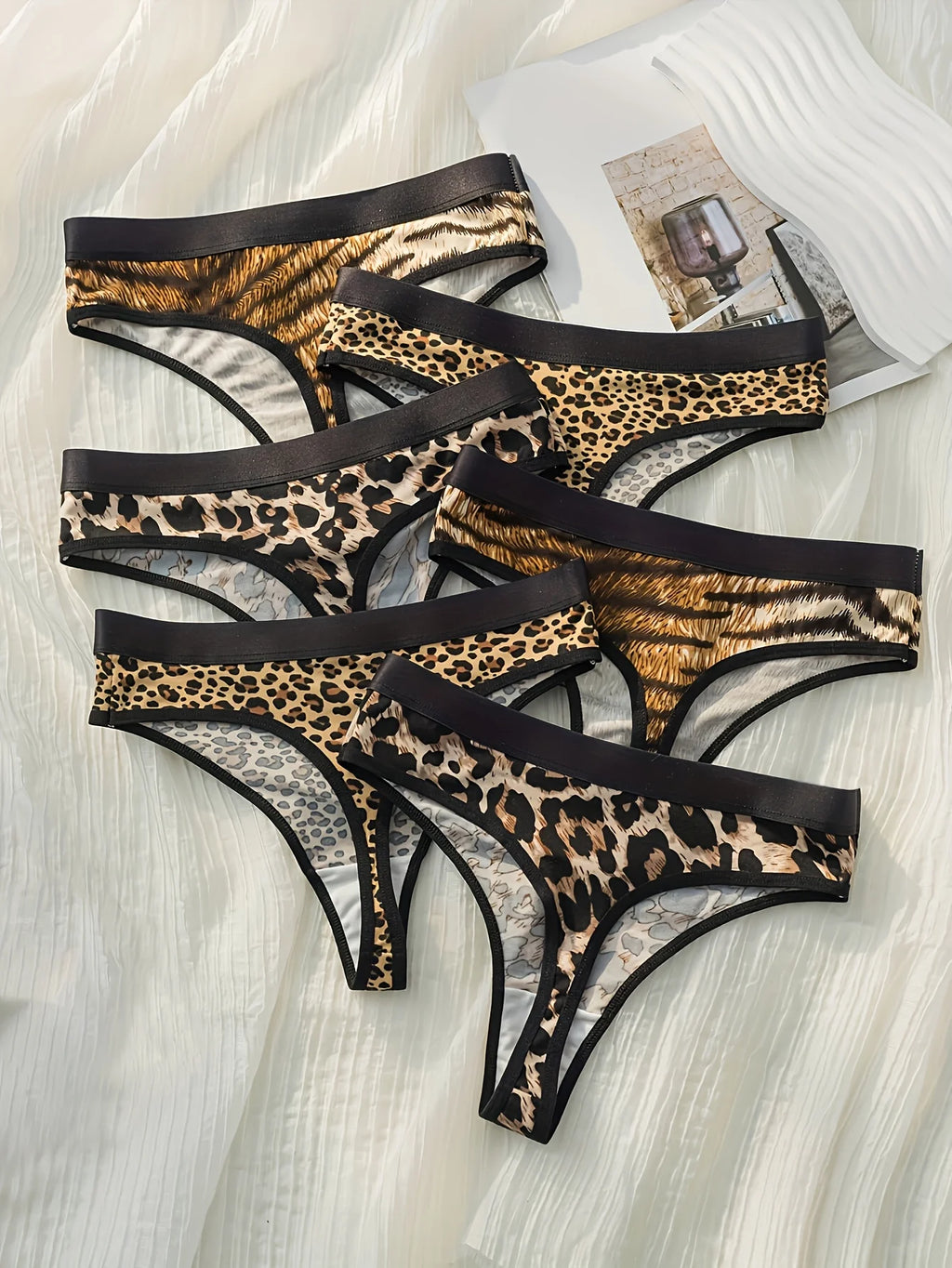 6-Pack Women’s Animal Print Thongs – Leopard Zebra Tiger Cotton Sporty Underwear Set