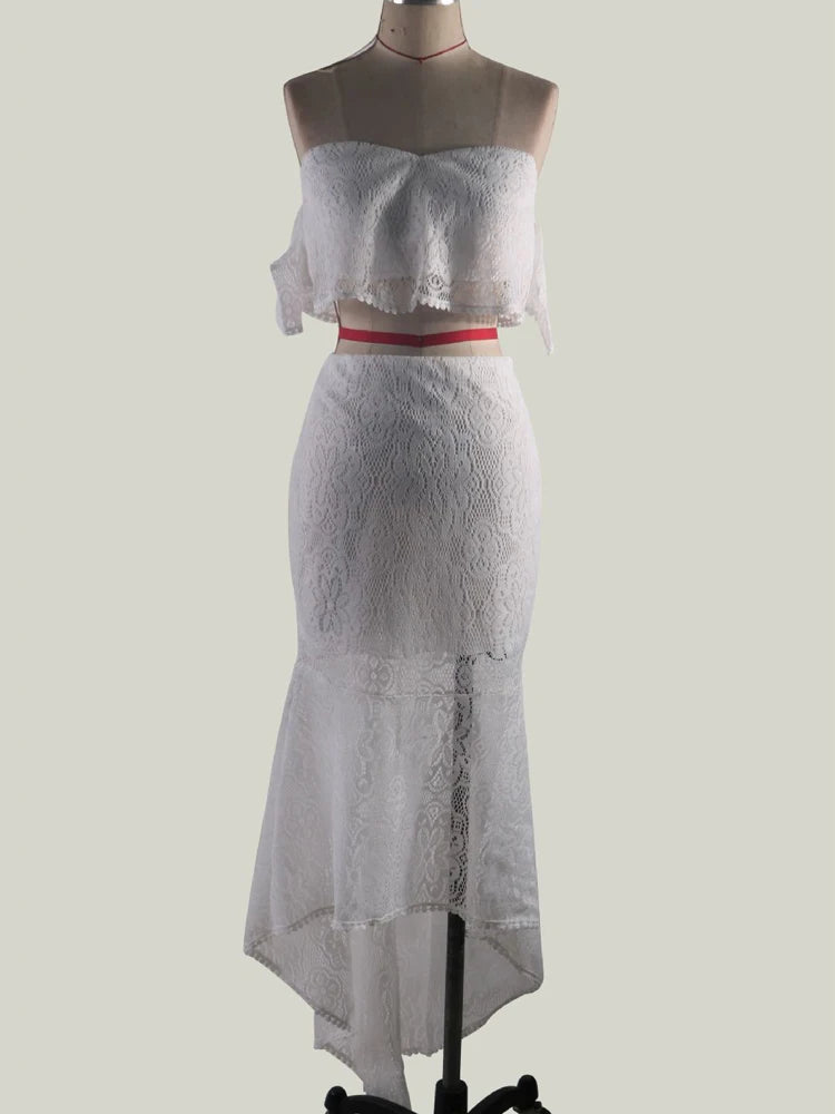Chic Lace-Trimmed Off-Shoulder Crop Top & High-Waist Pencil Skirt Set