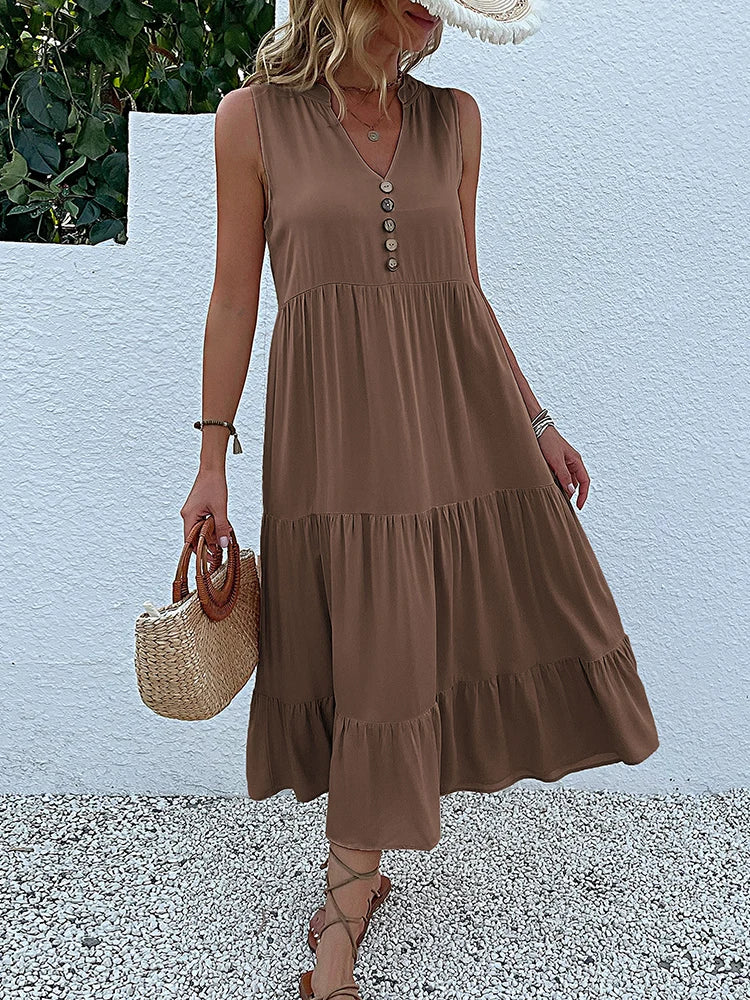 Sleeveless V Neck Midi Dress