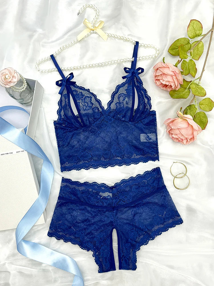Dark Blue Sheer Lace Lingerie Set for Women – Elegant Bra and Panty Set