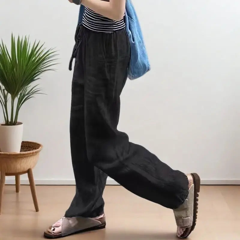 Casual High-Waist Cotton Linen Wide-Leg Trousers with Pockets