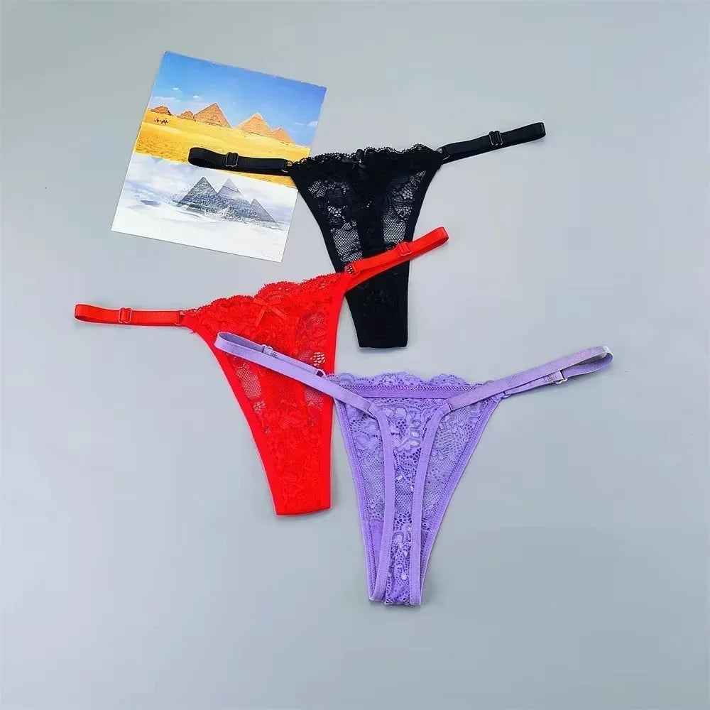 3PCS Sexy Lace Thong Set for Women – Sheer Low Waist G-String Panties (Plus Size)