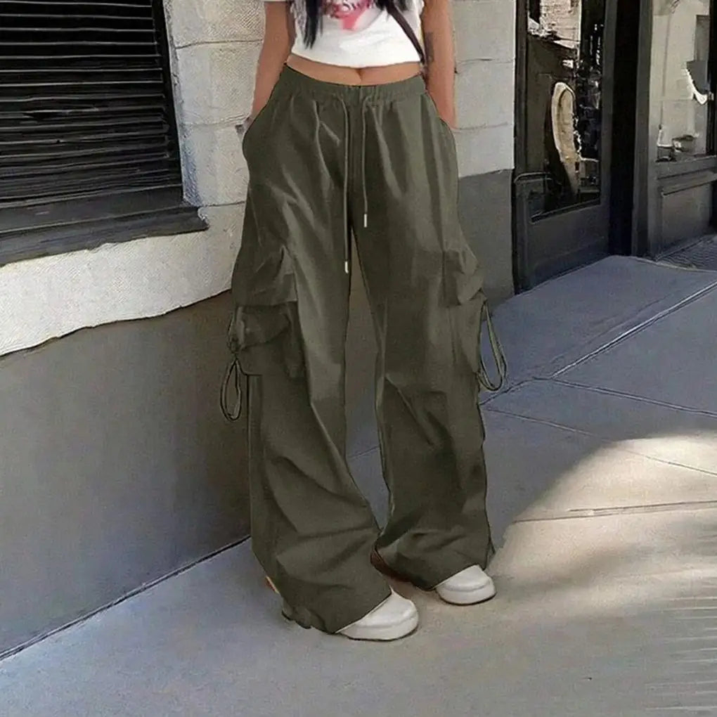 Y2K Parachute Black Pants Women Hippie Streetwear Oversize Pockets Cargo Trousers Harajuku Wide Leg Baggy Sweatpants