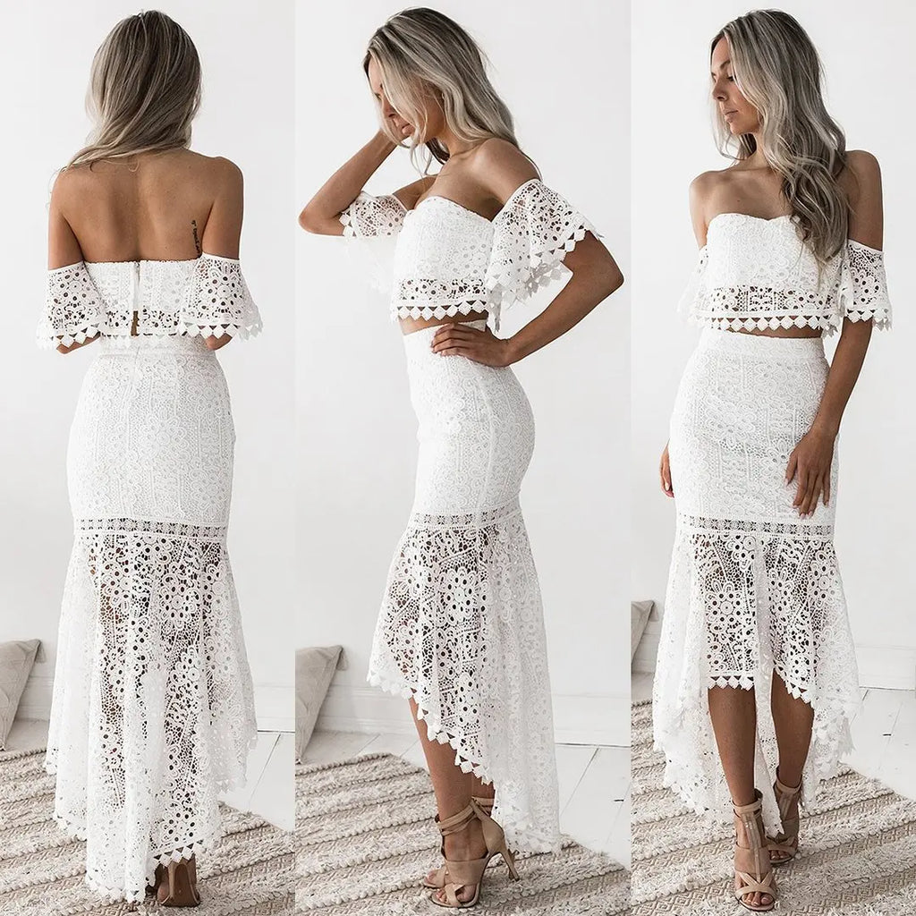 Chic Lace-Trimmed Off-Shoulder Crop Top & High-Waist Pencil Skirt Set