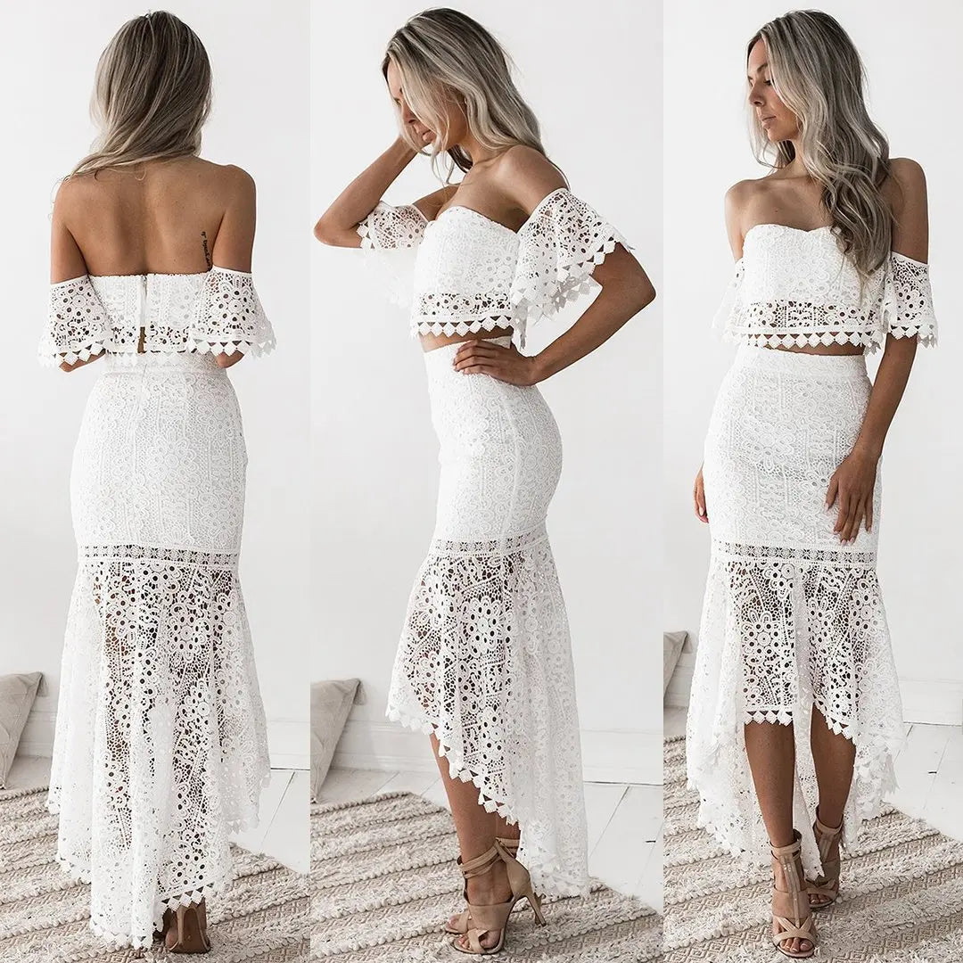 Chic Lace-Trimmed Off-Shoulder Crop Top & High-Waist Pencil Skirt Set