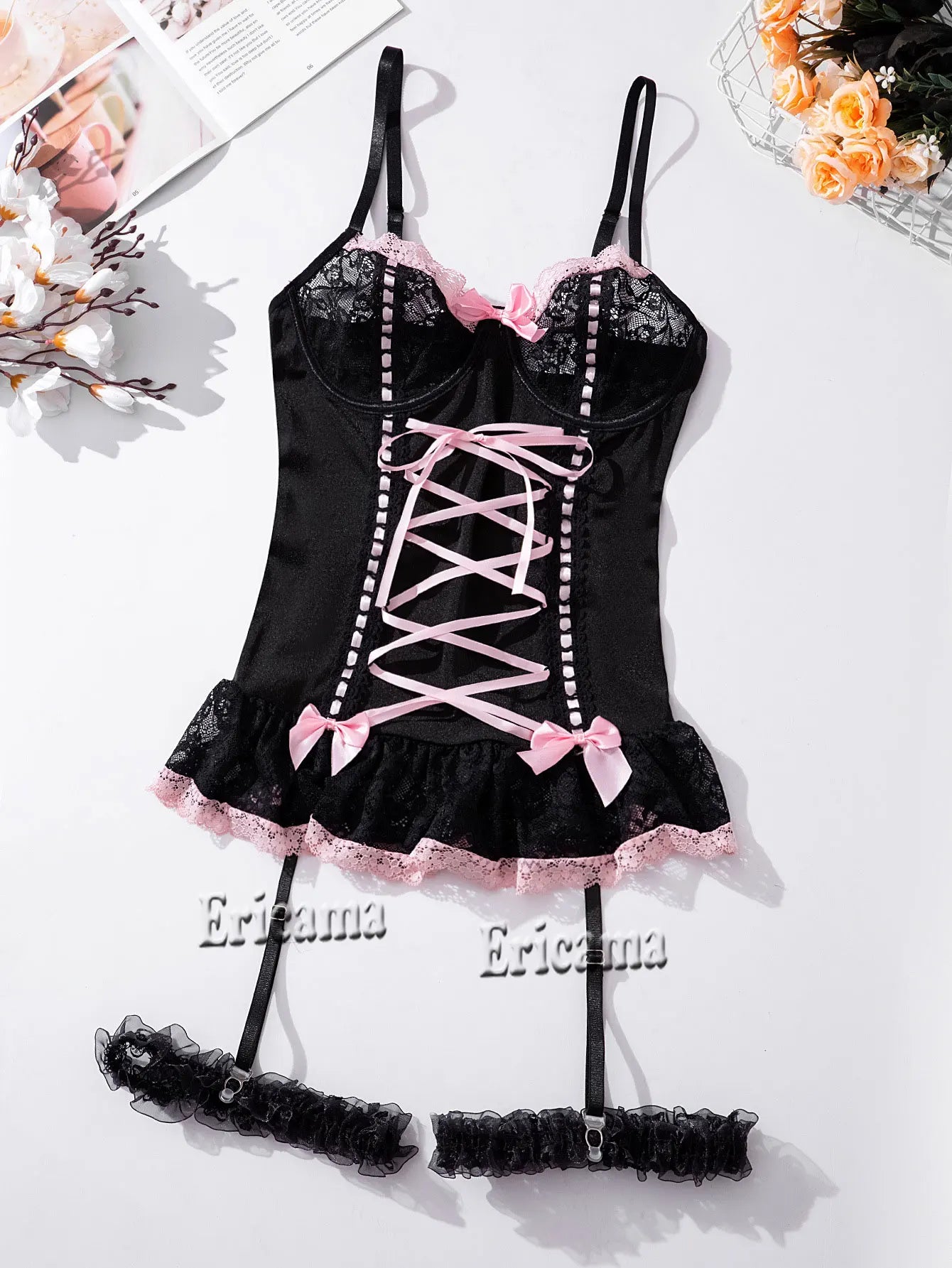 Women Sexy Lace Bra and Panty Set with Garter