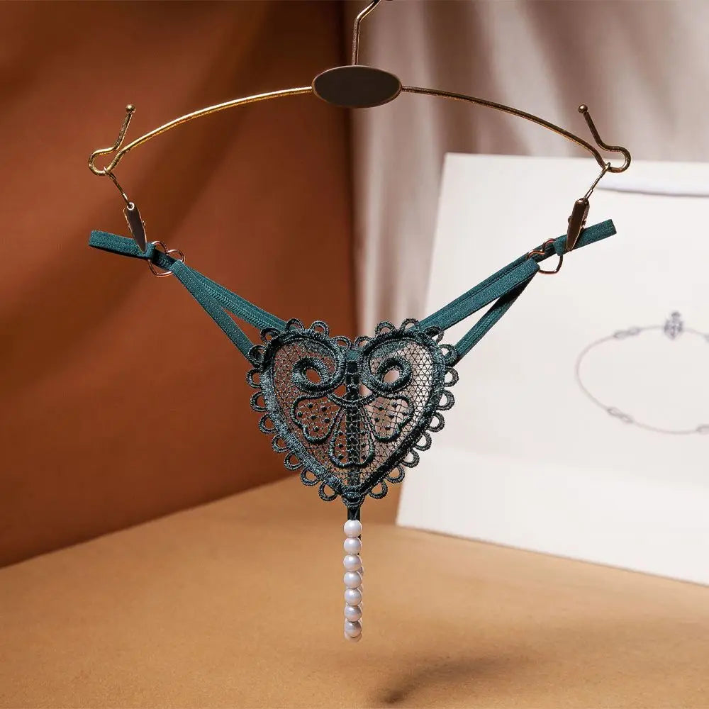 Sexy Heart Embroidery Pearl Thong for Women – Low Rise Lace Lingerie