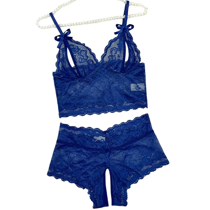 Dark Blue Sheer Lace Lingerie Set for Women – Elegant Bra and Panty Set