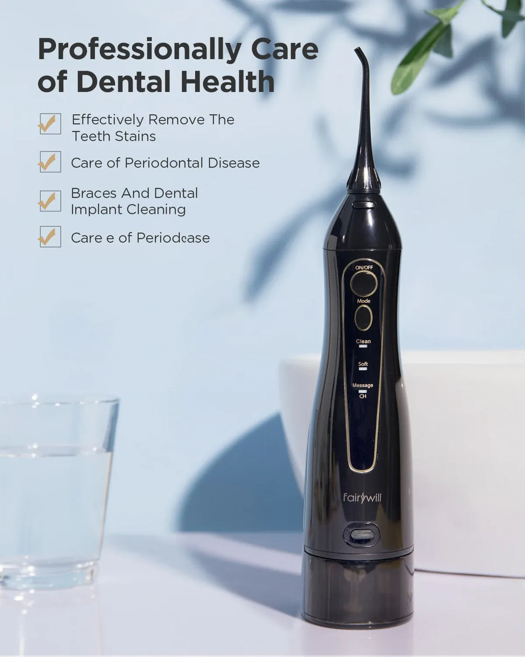 Fairywill Cordless Water Dental Flosser - 300ML Portable Oral Irrigator with 3 Modes, Rechargeable Waterproof Teeth Cleaner for Home and Travel