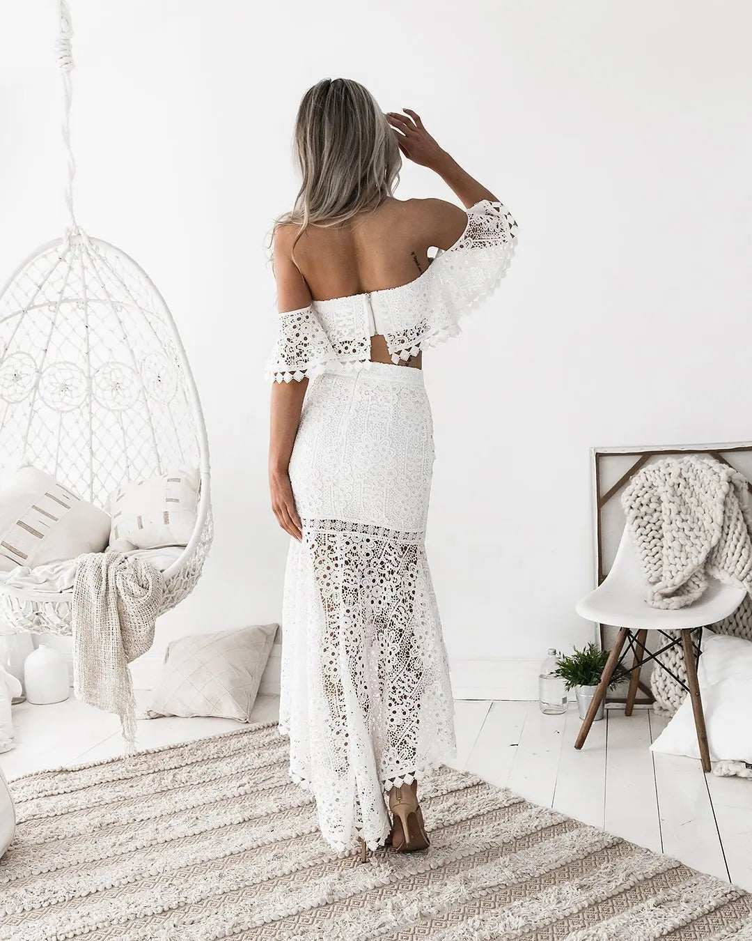 Chic Lace-Trimmed Off-Shoulder Crop Top & High-Waist Pencil Skirt Set