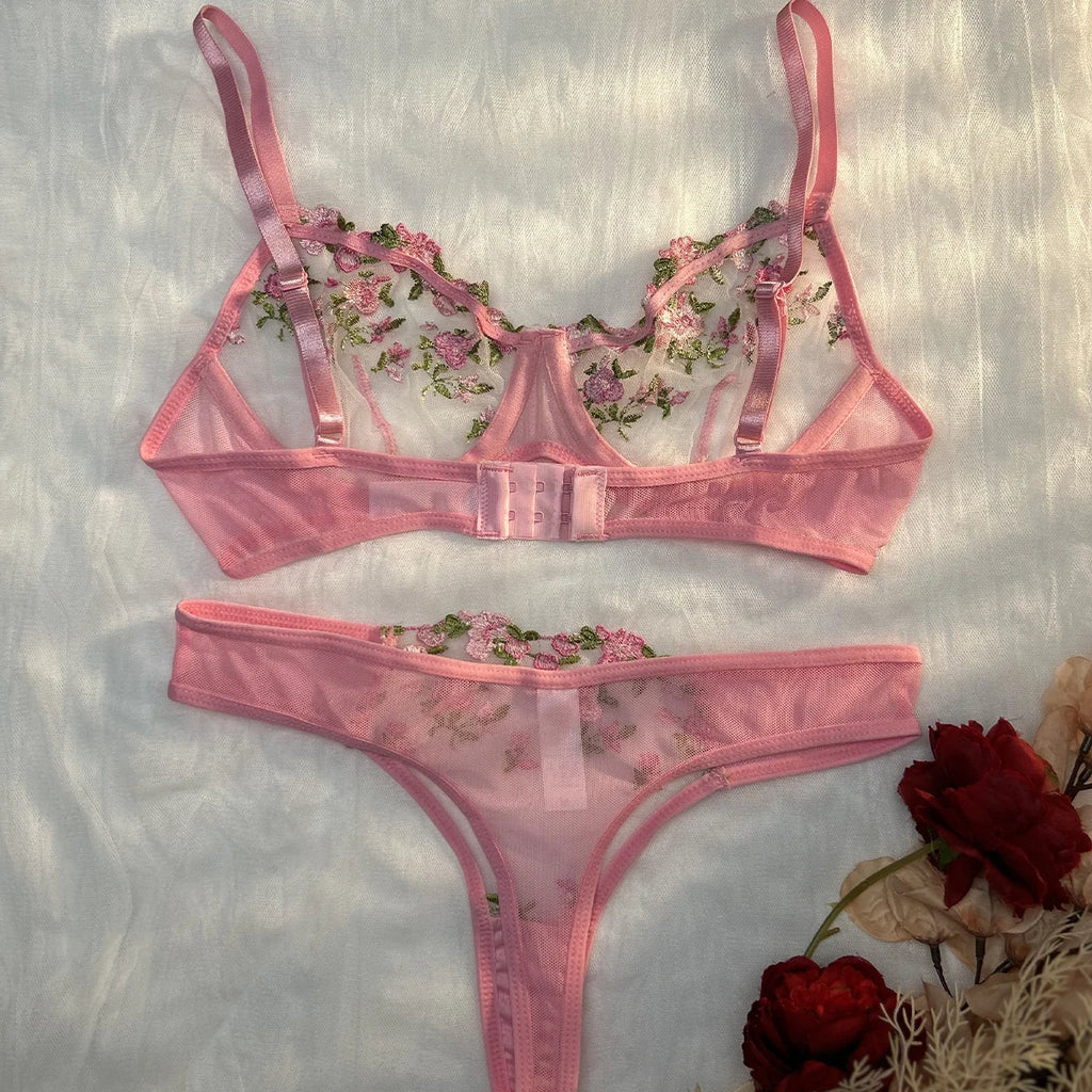 Pink Lingerie Woman Lace Underwear Fairy Embroidery Brief Sets Bra Panties Kits Breves Sets