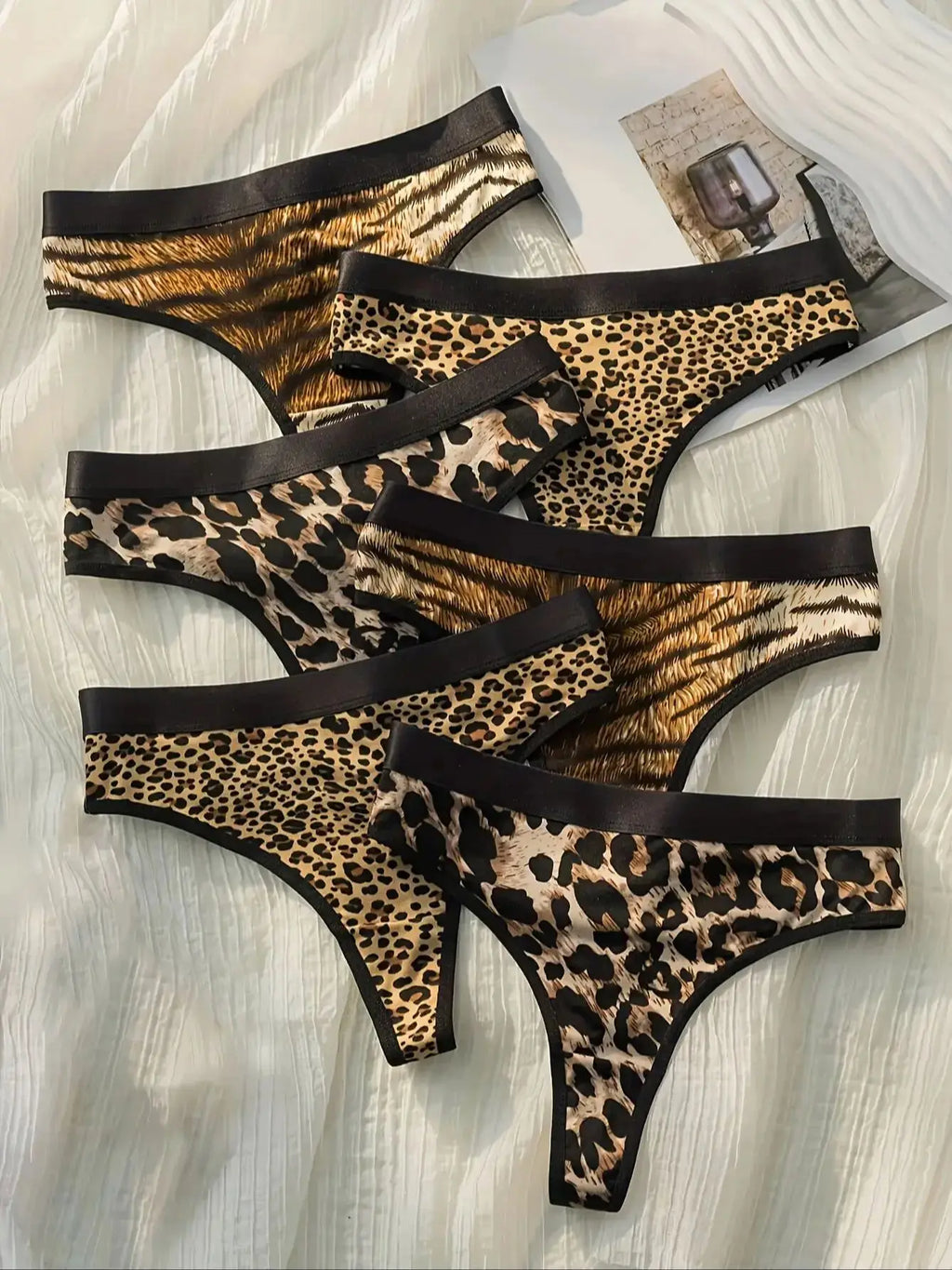 6-Pack Women’s Animal Print Thongs – Leopard Zebra Tiger Cotton Sporty Underwear Set