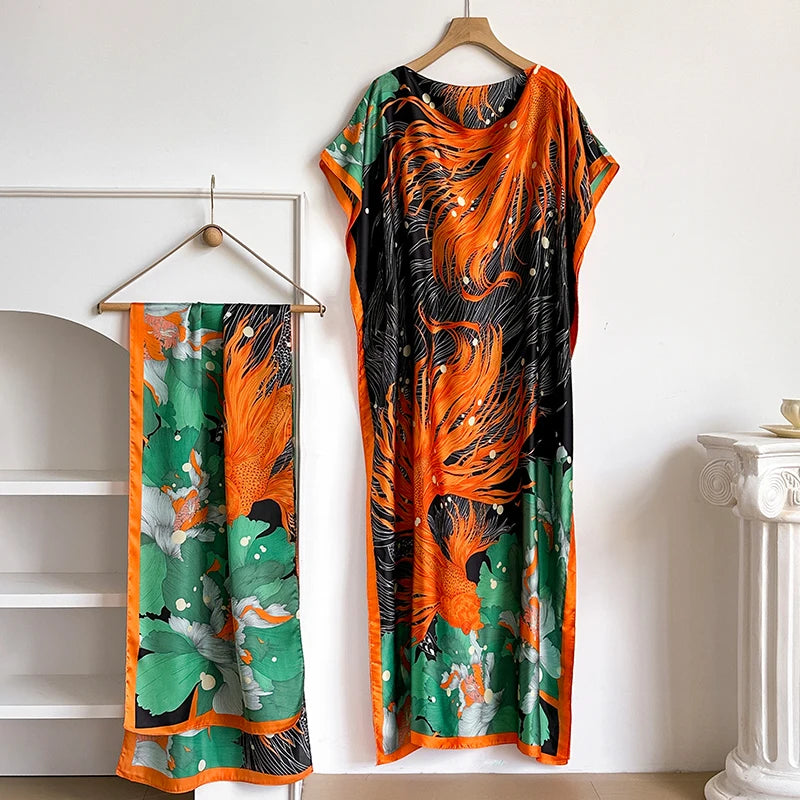 Luxury Floral Kaftan Abaya with Scarf – Elegant Loose Maxi Dress for Women | Dubai Style Summer Robe